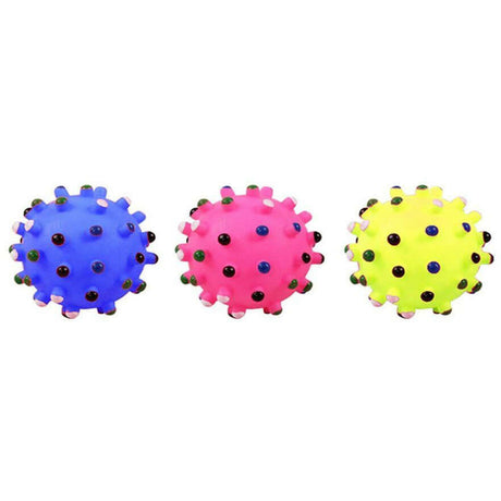 Colorful Pawise Vinyl Spiky Dot Balls in blue, pink, and yellow for dogs with spiky textures and glow features.