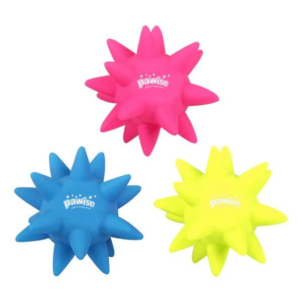 Pawise Vinyl Spiny Balls in blue, pink, and yellow, perfect for playful dogs and dental care during playtime.