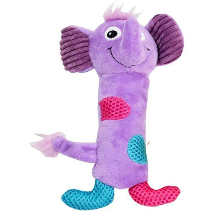 Vibrant purple elephant dog toy with textured limbs, perfect for playful puppies and young dogs.