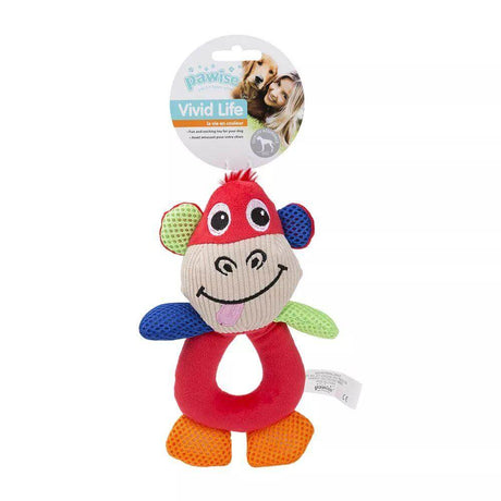 Pawise Vivid Life plush puppy toy in colorful monkey design, soft and fun for dogs, 15 x 16cm size, perfect for playtime.