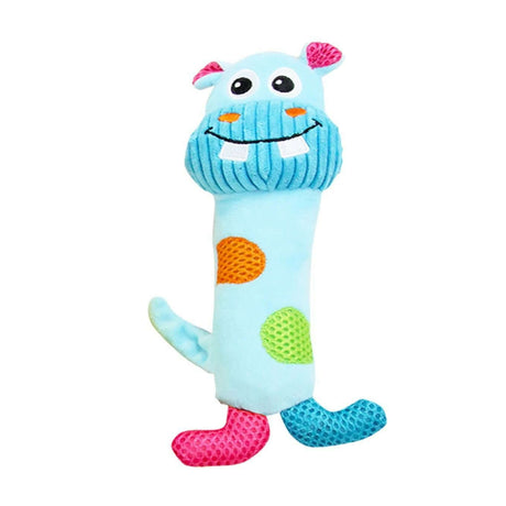 Colorful plush stick dog toy with a smiling face and vibrant textures, perfect for interactive play and fun for puppies.