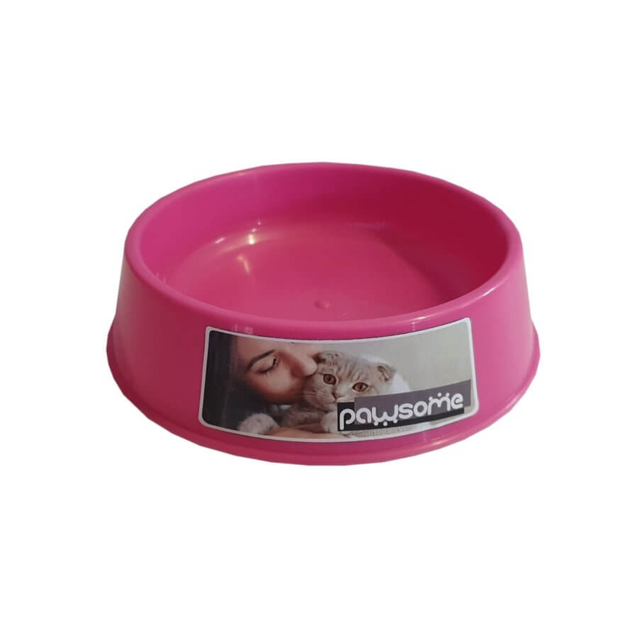 Pawsome Cat Bowl in pink, small plastic cat food bowl with a cute design, 11cm diameter and 4cm height.
