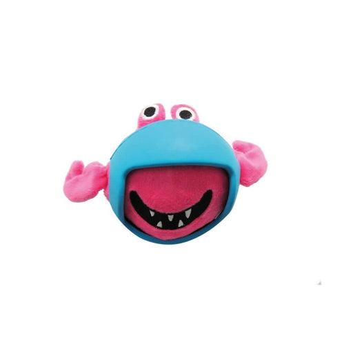 Plush pink crab toy with a blue rubber helmet, perfect for dogs to shake, toss, and retrieve during playtime.