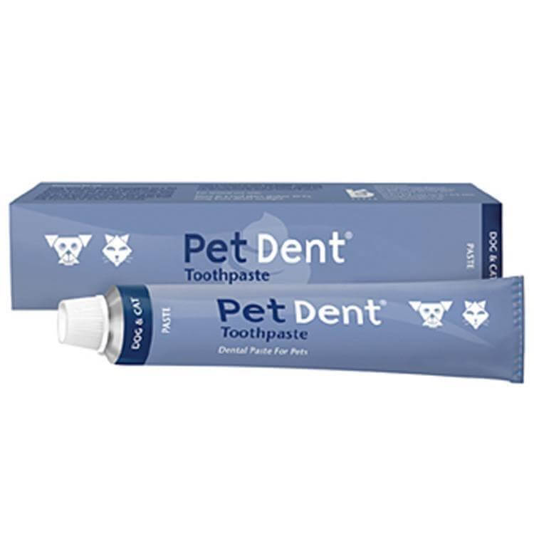Pet Dent Toothpaste 60g tube and packaging for dogs and cats, malt-flavored dental paste, promotes oral hygiene.