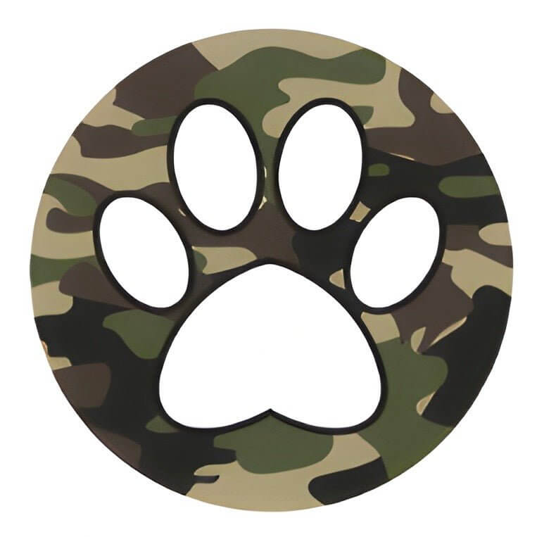 Pet ID Tag in camo pattern featuring a paw print design, perfect for stylish pet identification.