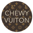 Chewy Vuiton pet ID tag featuring a stylish circular design with a brown background and iconic logos.