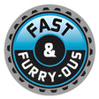 Fast & Furry-Ous pet ID tag design featuring a vibrant blue and black circular logo.