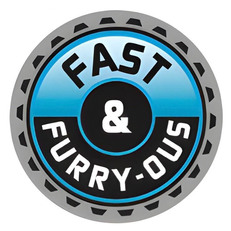 Fast & Furry-Ous pet ID tag design featuring a vibrant blue and black circular logo.