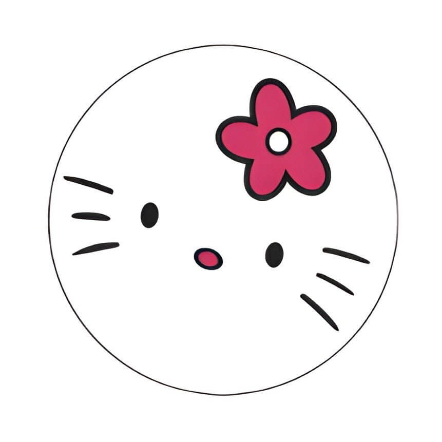 Hello Kitty pet ID tag design featuring a cute face and pink flower on a round white background. Perfect for pet identification.