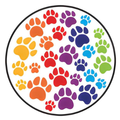 Colorful rainbow paw prints design on a circular background, ideal for pet ID tag decoration.