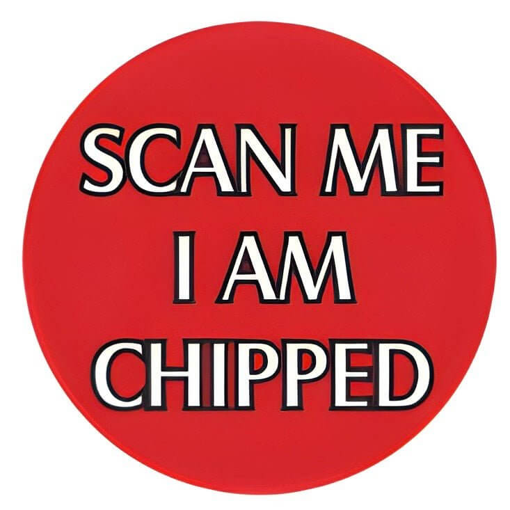 Red pet ID tag with text "SCAN ME I AM CHIPPED" for easy identification of microchipped pets.