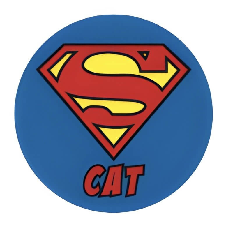 Super Cat ID Tag featuring iconic superhero logo design, ideal for pet identification and personalization.