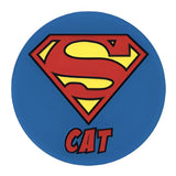 Super Cat ID Tag featuring iconic superhero logo design, ideal for pet identification and personalization.