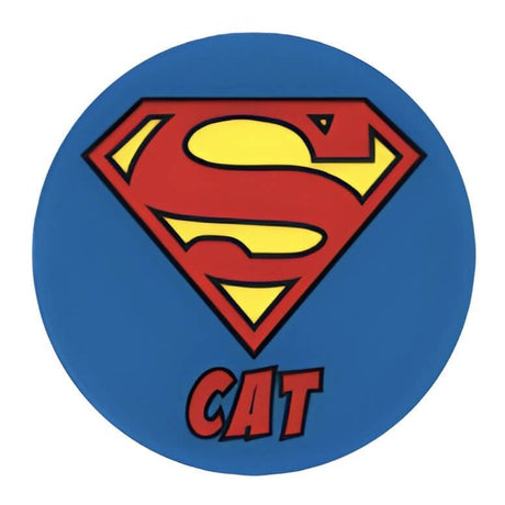 Super Cat ID Tag featuring iconic superhero logo design, ideal for pet identification and personalization.