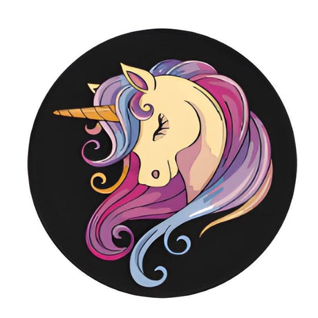 Colorful unicorn illustration on a black background, perfect for a pet ID tag design.