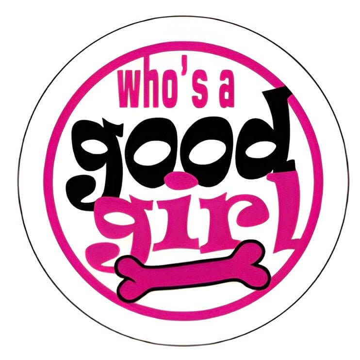 Pet ID tag design featuring "Who's a Good Girl" text and a pink bone graphic, perfect for showcasing pet personality.