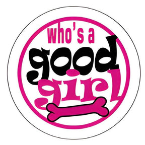 Pet ID tag design featuring "Who's a Good Girl" text and a pink bone graphic, perfect for showcasing pet personality.