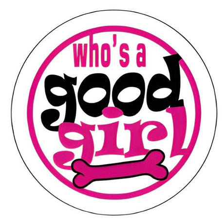 Pet ID tag design featuring "Who's a Good Girl" text and a pink bone graphic, perfect for showcasing pet personality.