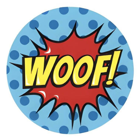 Colorful 'Woof!' graphic on blue polka dot background for fun dog ID tags. Perfect for pet lovers.