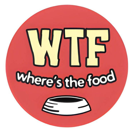 Pet ID tag design featuring "WTF Where's The Food" on a vibrant red background. Perfect for quirky pet personalities.