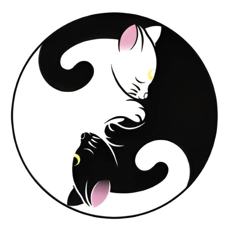 Ying Yang cat design for pet ID tag, showcasing playful black and white cats in a circular pattern.