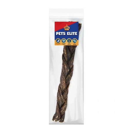 Pets Elite Beef Biltong Twists in clear packaging, a healthy dog treat for dental health and enjoyment.