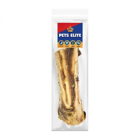 Pets Elite Beef Femur Chew in clear packaging, a natural and healthy treat for dogs with no artificial additives.