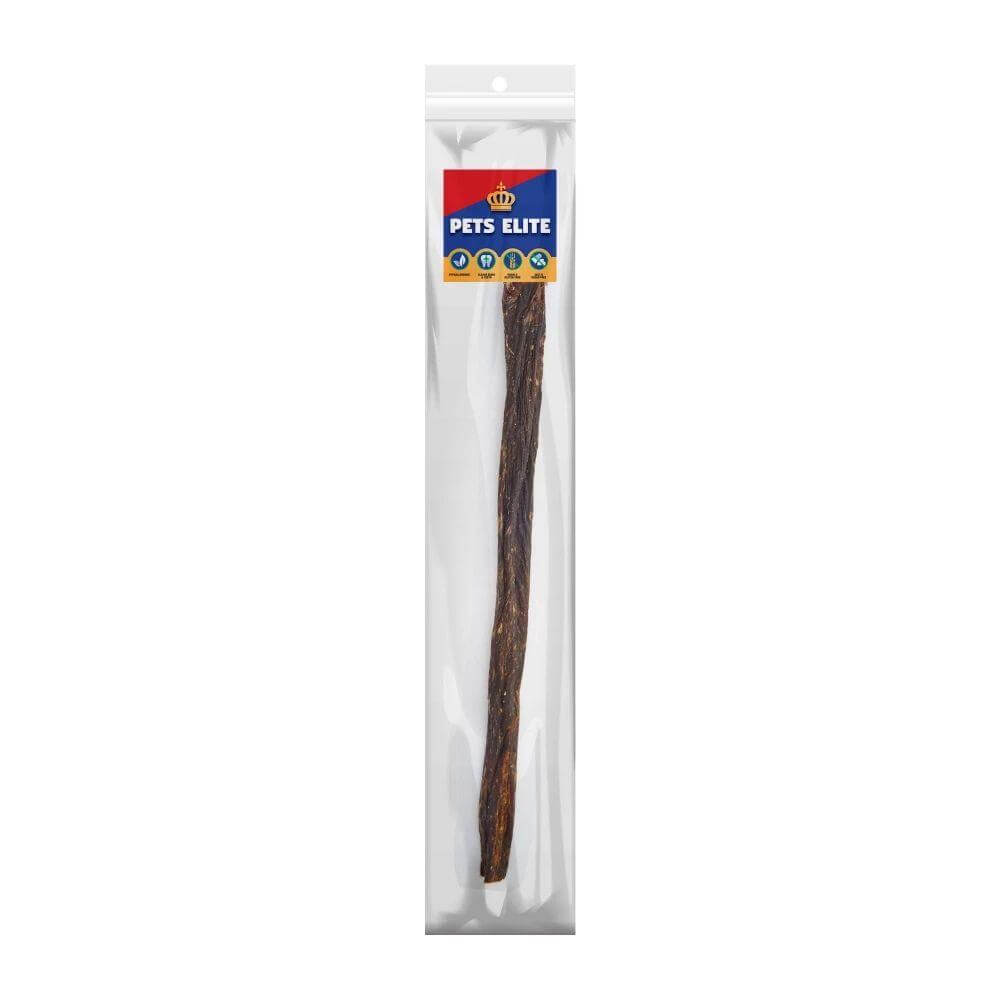 Pets Elite Beef Jerky Dog Treat in resealable packaging, healthy, natural, no artificial flavors for dogs.