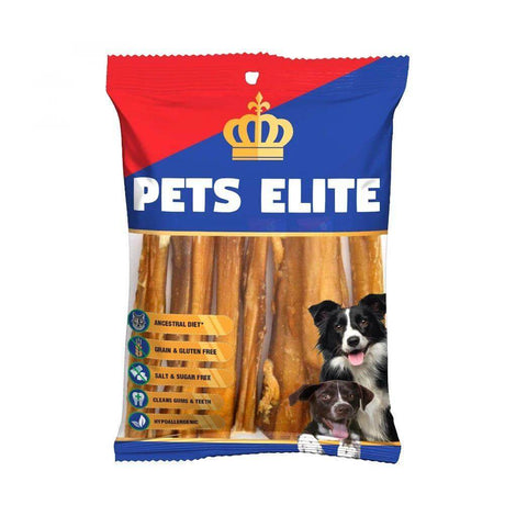 Pets Elite Chewy Treat bag featuring healthy dog chews, gluten-free, salt-free, and hypoallergenic for pet dental health.