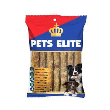 Pets Elite Dry Sausage 100g package featuring natural dog treats for healthy, happy pets. No added spices, hard and chewy texture.