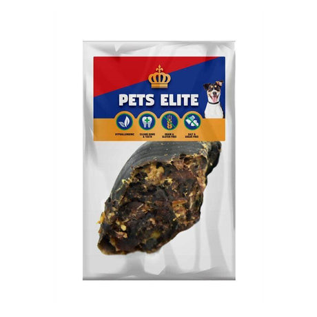 Pets Elite Gourmet Hoof treat for dogs, beef hoof filled with dried mincemeat, individually packed for freshness.