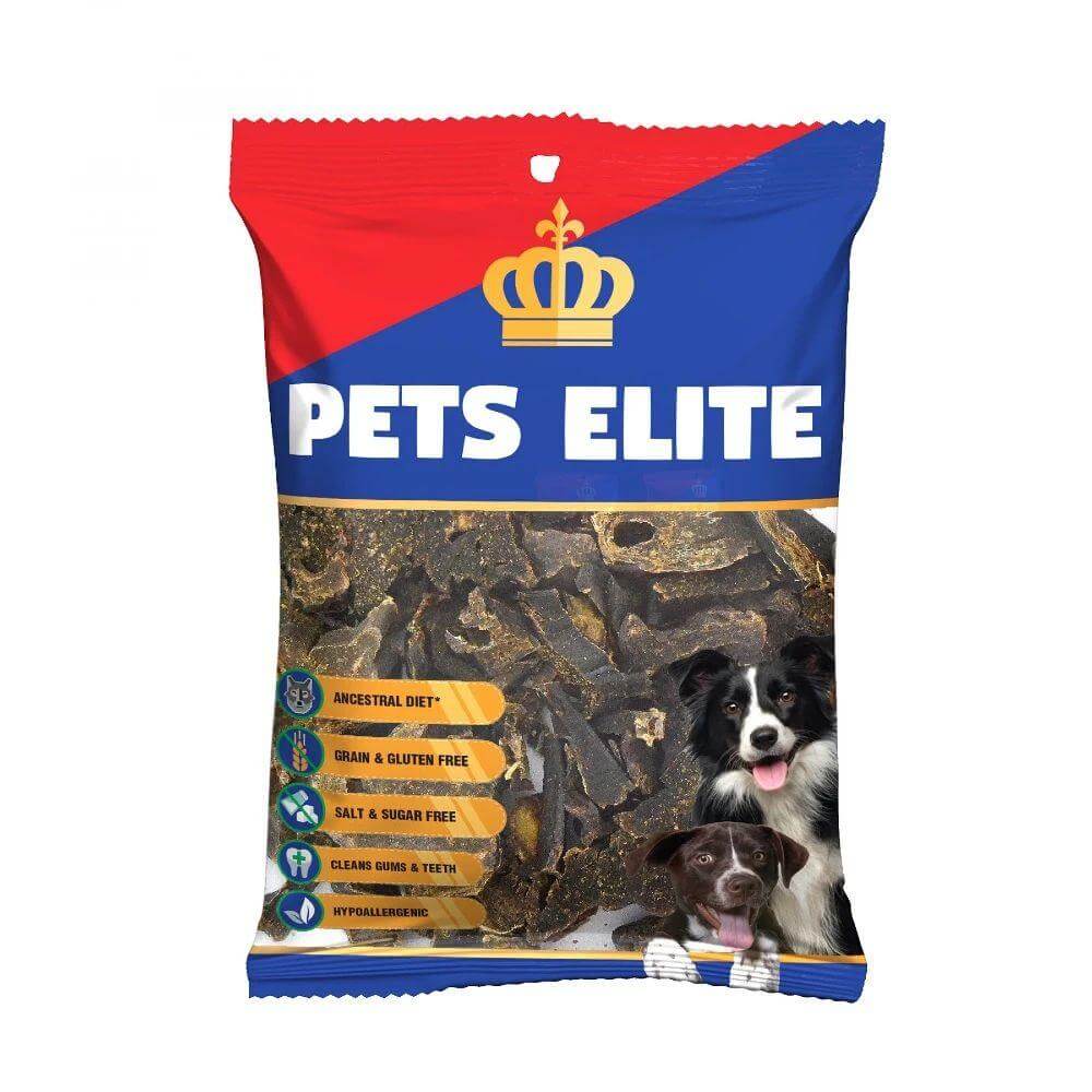 Pets Elite Liver Biltong Treats 100g package featuring bite-sized strips, ideal for dogs, promoting dental health and fitness.