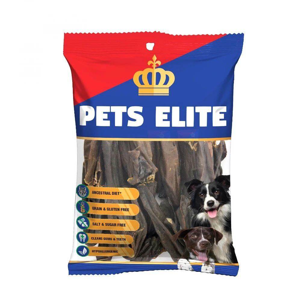 Pets Elite Liver Biltong Treats packaging, featuring thick dried liver strips for dogs, hypoallergenic and grain-free.