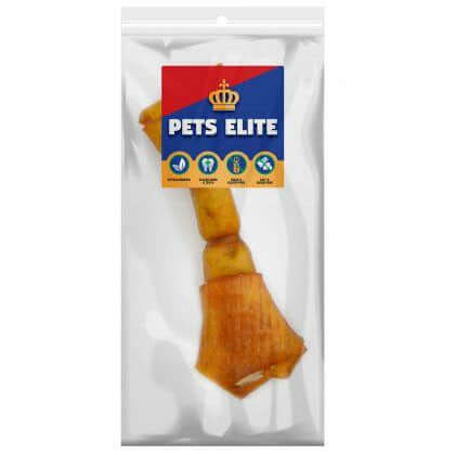 Pets Elite Natural Hide Bones dog treat packaged, safe and long-lasting chew for dogs, healthy pet snack option.