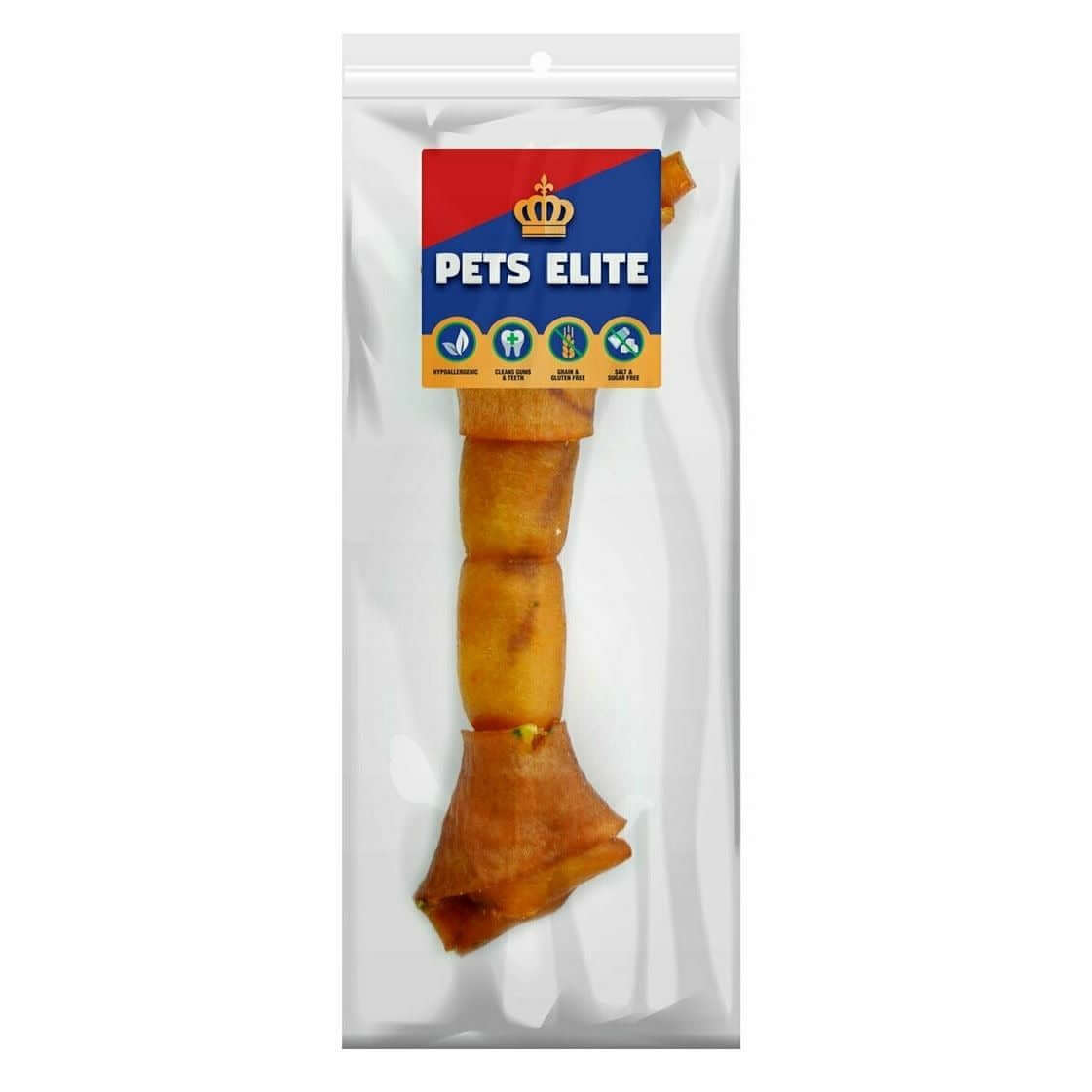Pets Elite Natural Hide Bones dog treat in clear packaging, offering a safe and long-lasting chew for dogs.