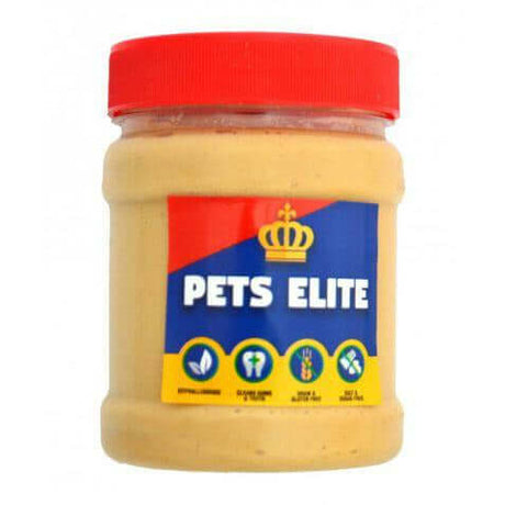 Pets Elite Peanut Butter jar for dogs, sugar-free and salt-free dog treat spread. Perfect for pampering your pet.