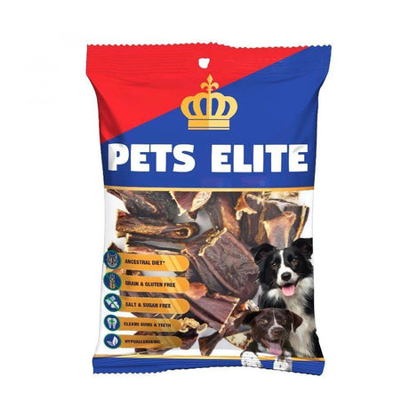 Pets Elite Pigs Ear Strips dog chew package featuring healthy, grain-free treats for dogs with hypoallergenic ingredients.