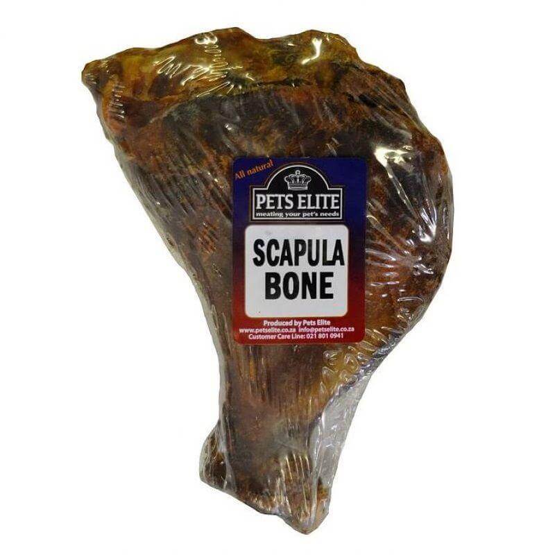 Pets Elite Smoked Scapula Bone wrapped for pets, high-protein treat, all-natural ingredients, grain-free.