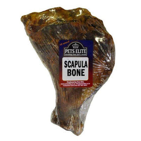 Pets Elite Smoked Scapula Bone wrapped for pets, high-protein treat, all-natural ingredients, grain-free.