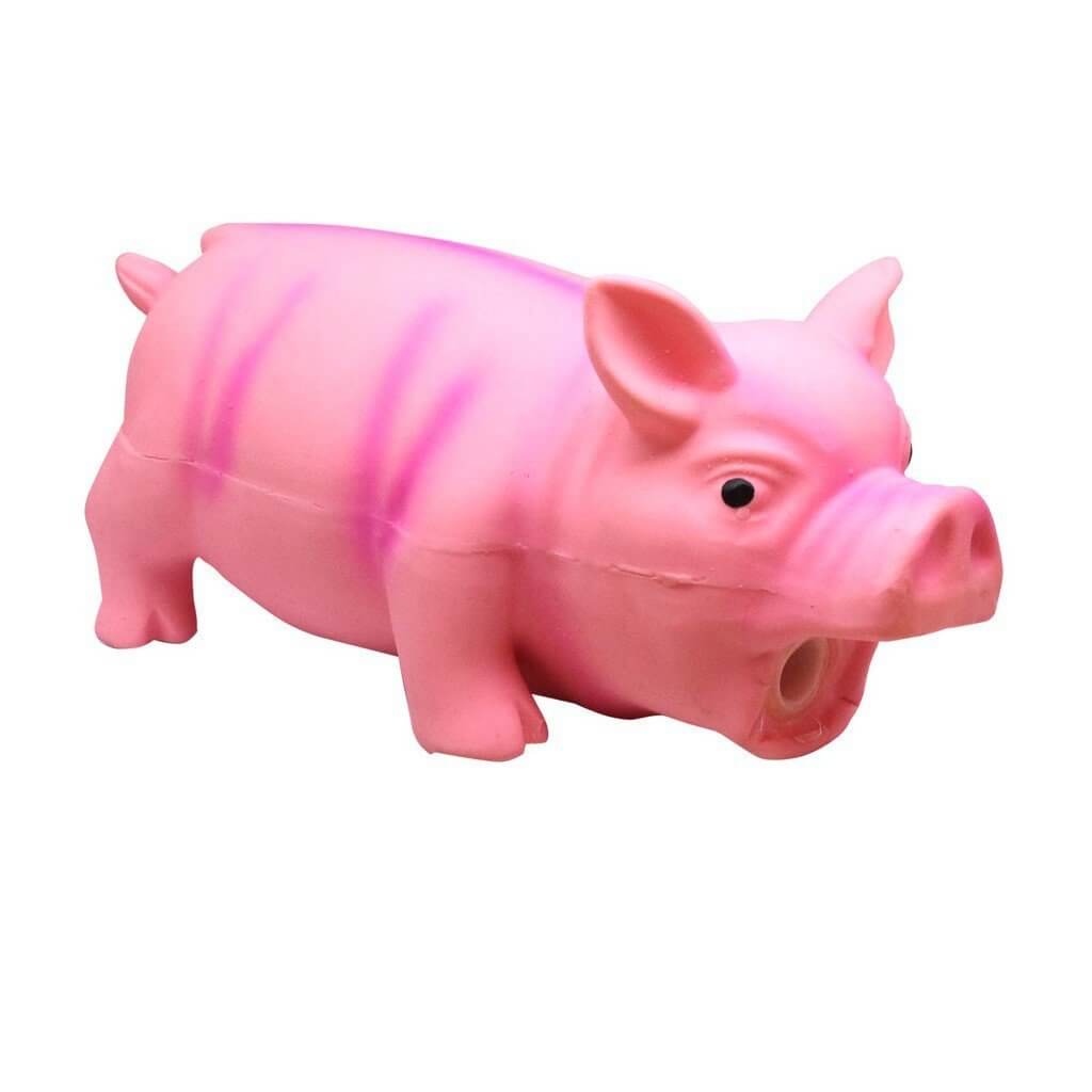Pink latex pig dog toy with squeaky sound, ideal for playful pets, available in small and large sizes.