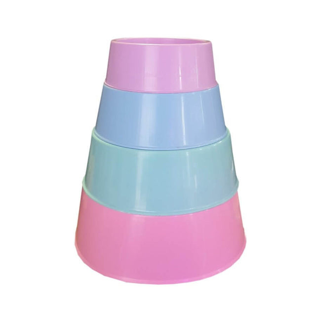 Stacked plastic dog bowls in pink and blue colors, showcasing small to large sizes for pets.