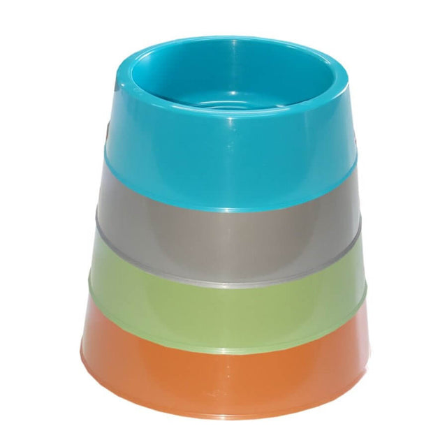 Stacked plastic dog bowls in vibrant colors: blue, gray, green, and orange, showcasing various sizes and styles.