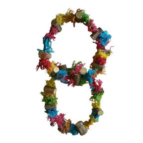Colorful Figure Eight Sekelbos Ring Bird Toy made of natural wood and rope, perfect for bird play and exercise.