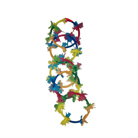 Colorful rope Olympic ring toy made from natural materials for birds, promoting play and exercise.