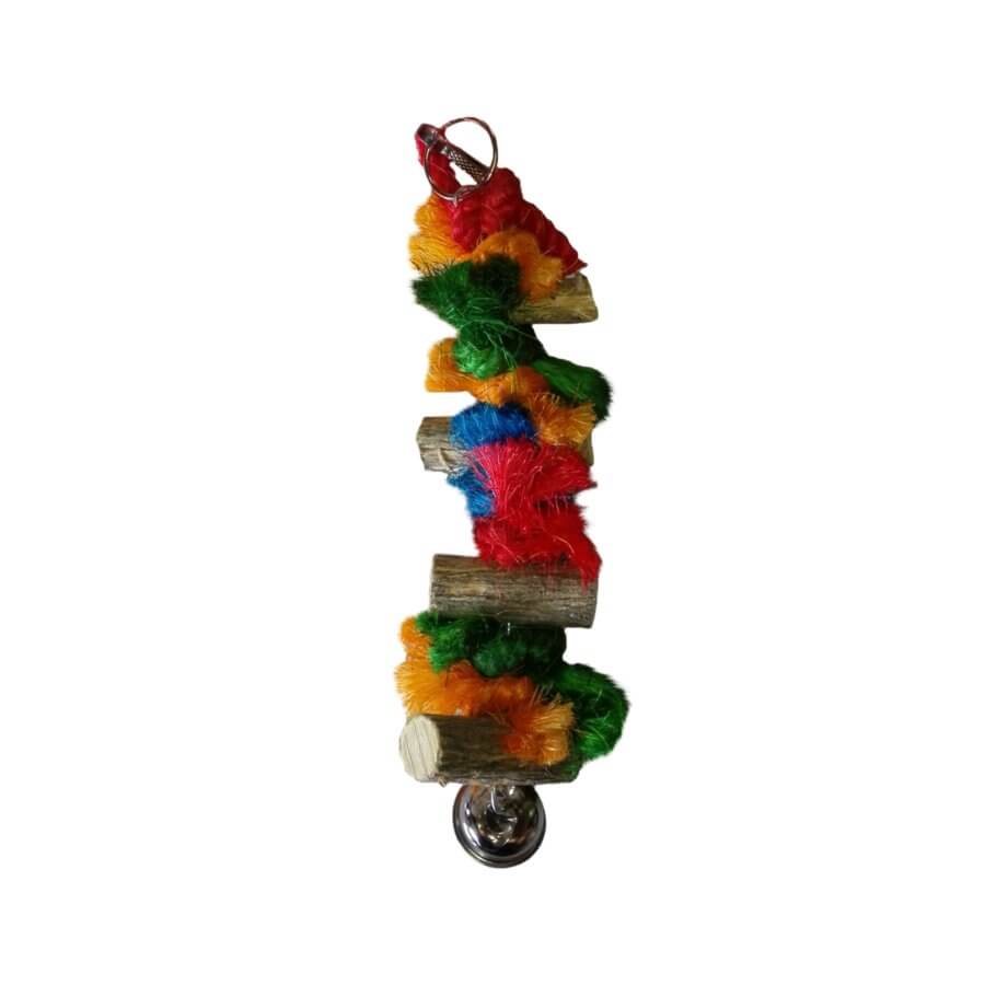Vibrant Playful Sekelbos Rope Stick Toy made of wood and colorful rope for birds' entertainment and exercise.