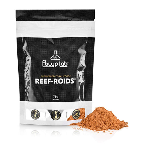 PolypLab Reef Roids coral food package with powder for enhancing coral growth and coloration, 75g size.