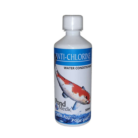 Pond Medic Anti Chlorine water conditioner bottle for freshwater ponds, removes toxic chlorine and metals, 500ml.