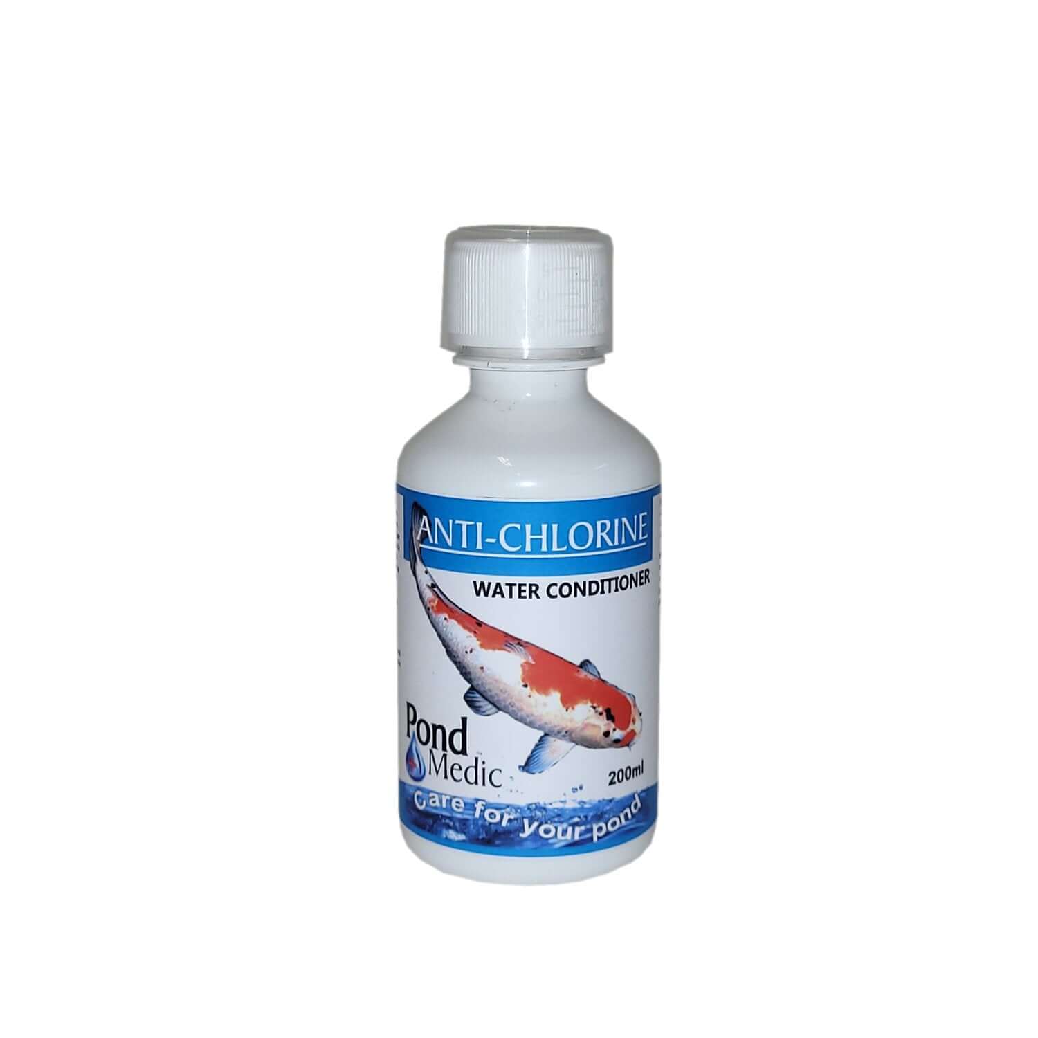 Pond Medic Anti Chlorine water conditioner bottle for safe pond use, removes chlorine and heavy metals for healthy aquatic life.