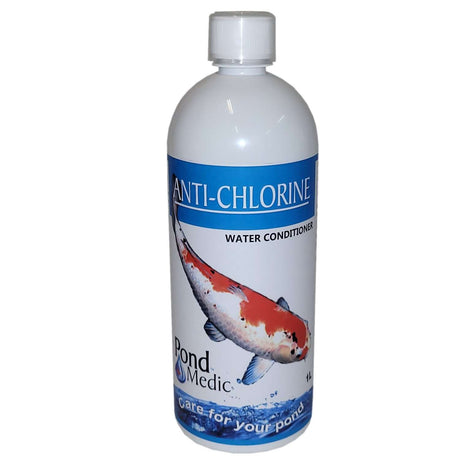 Pond Medic Anti Chlorine water conditioner bottle for safe pond care and removal of toxic substances.
