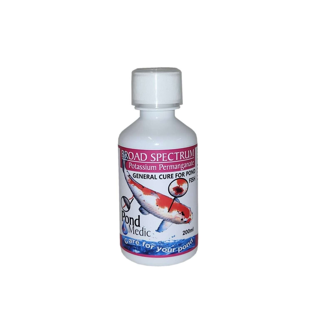 Pond Medic Broad Spectrum medication bottle for treating fish ailments and clearing pond water, 200ml.